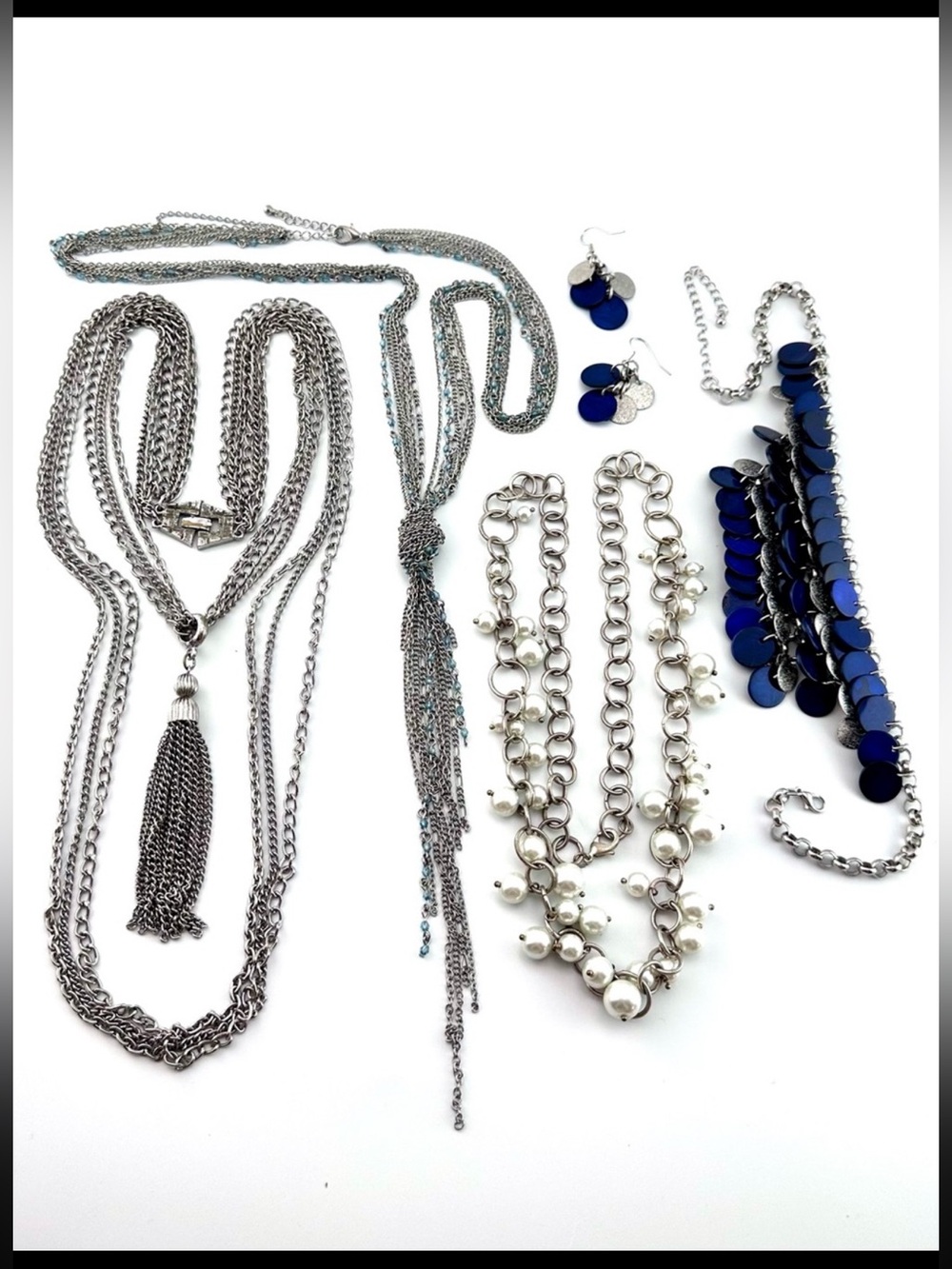 Silver Tone Jewelry Lot Statement Tassel Pearl & Blue Sequin Earring Set